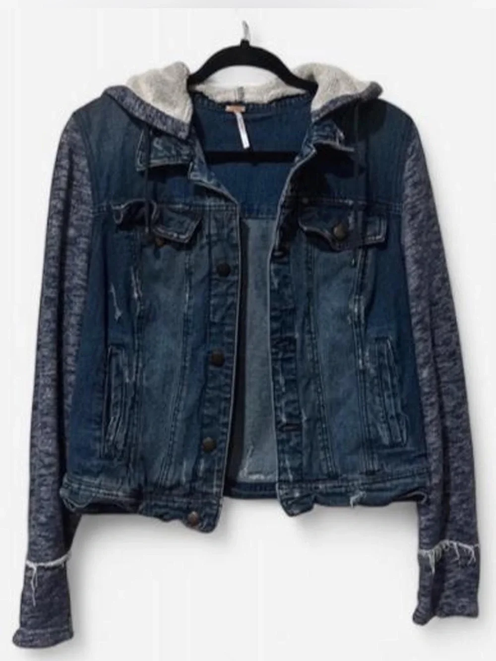 Free People Indigo Denim Jacket with Knit Hood & Sleeves